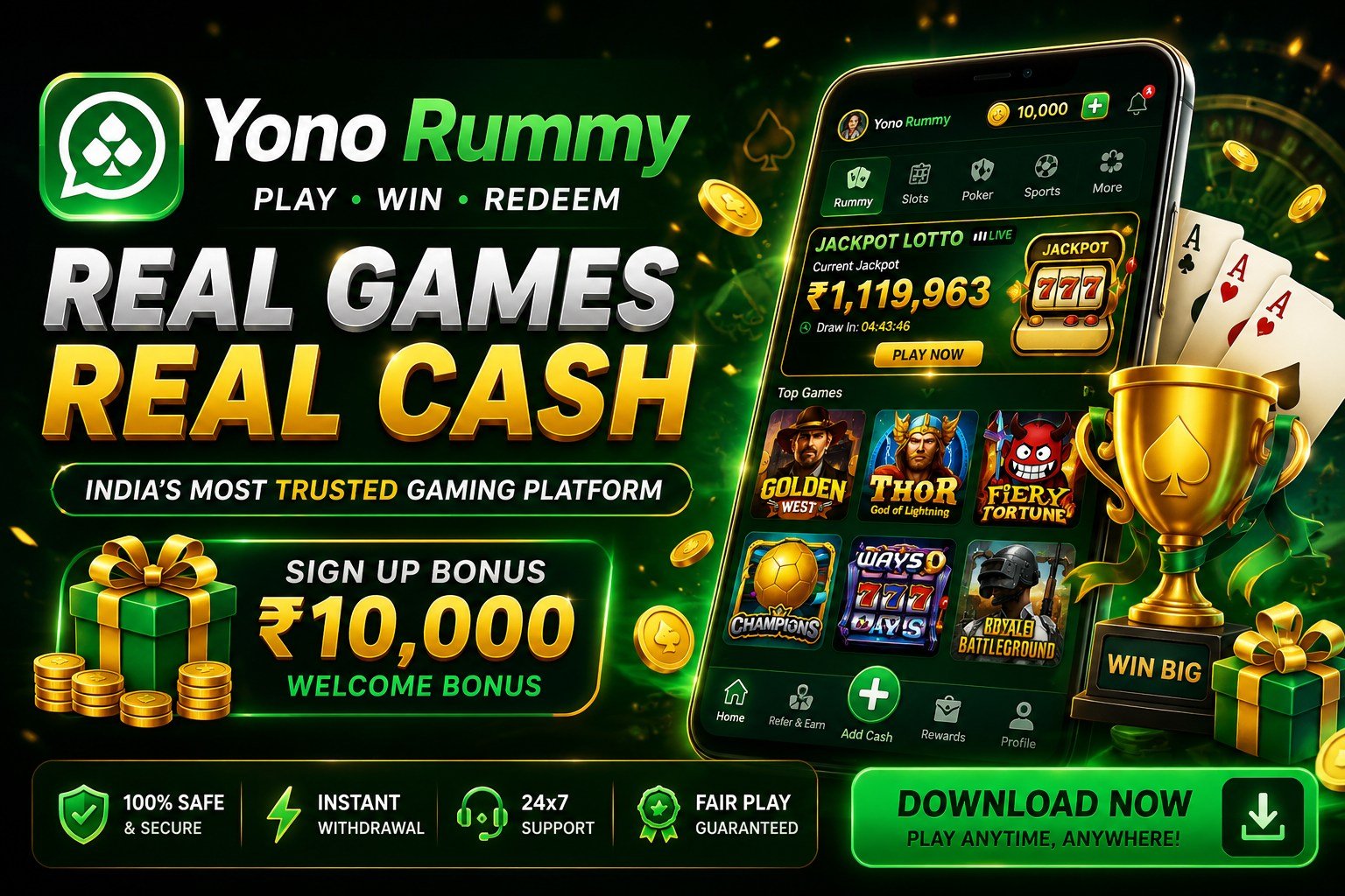 YonoRummy Game banner — real games, real cash, India's most trusted gaming platform with ₹10,000 sign-up bonus