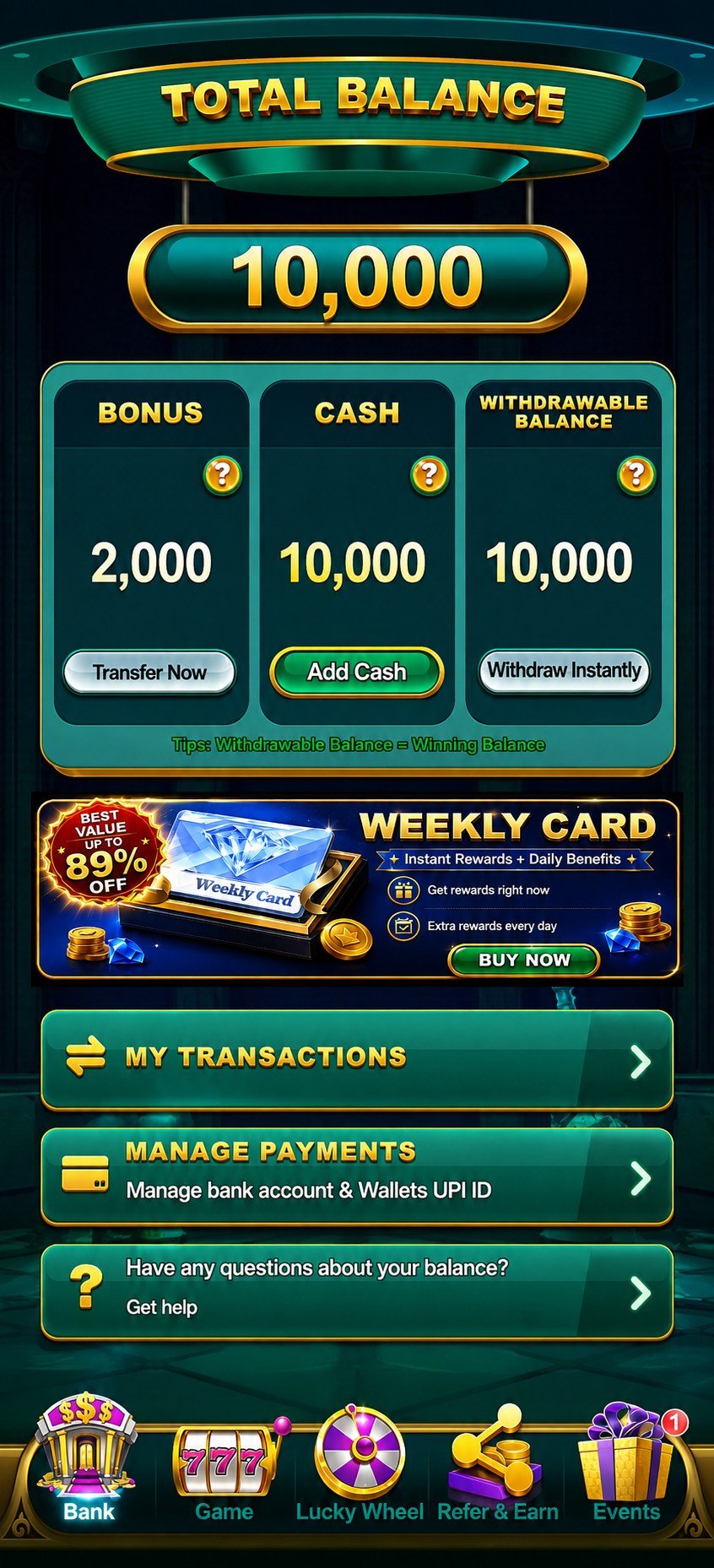 YonoRummy app wallet and deposit screen